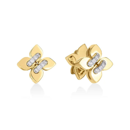 Roberto Coin Love in Verona 18K yellow gold petite diamond flower stud earrings feature a sparkling row of diamonds at the center—an elegant nod to the collection's signature floral design.