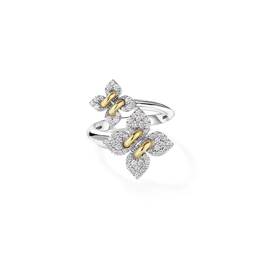 The Roberto Coin Love in Verona 18K White and Yellow Gold Diamond Double Flower Ring features two pavé diamond flowers with gold centers, crafted in fine jewelry by Roberto Coin.