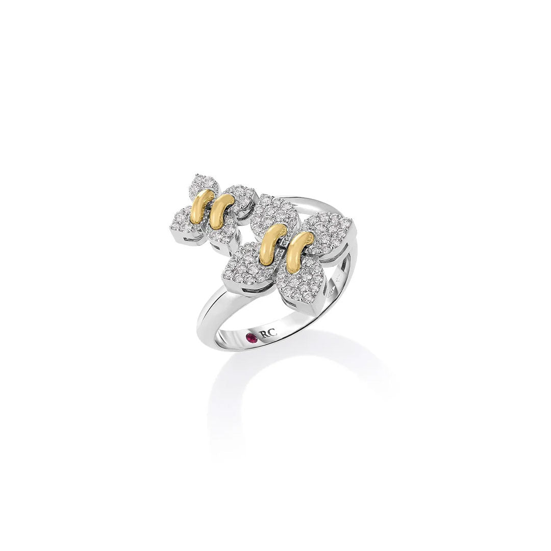The Roberto Coin Love in Verona 18K White and Yellow Gold Diamond Double Flower Ring features two pavé diamond butterfly motifs with yellow gold accents, beautifully displayed on a white background.