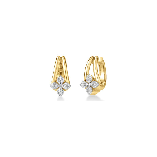 Roberto Coin Love In Verona 18K yellow gold hoop earrings feature pave diamond flower clusters, inspired by the collection, and are shown against a white background.