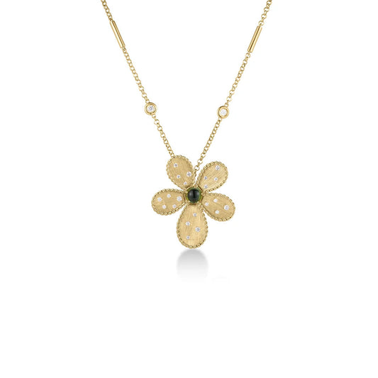 Experience understated elegance with the Roberto Coin Jasmine 18K Yellow Gold Diamond and Green Tourmaline Large Flower Necklace Pendant. This daisy-inspired piece features textured gold petals, a captivating green tourmaline center, and dazzling diamond accents that shimmer with every movement. Taking its inspiration from the timeless Jasmine collection, this pendant is gracefully suspended from a delicate chain adorned with two small round diamonds for an added touch of sophistication.