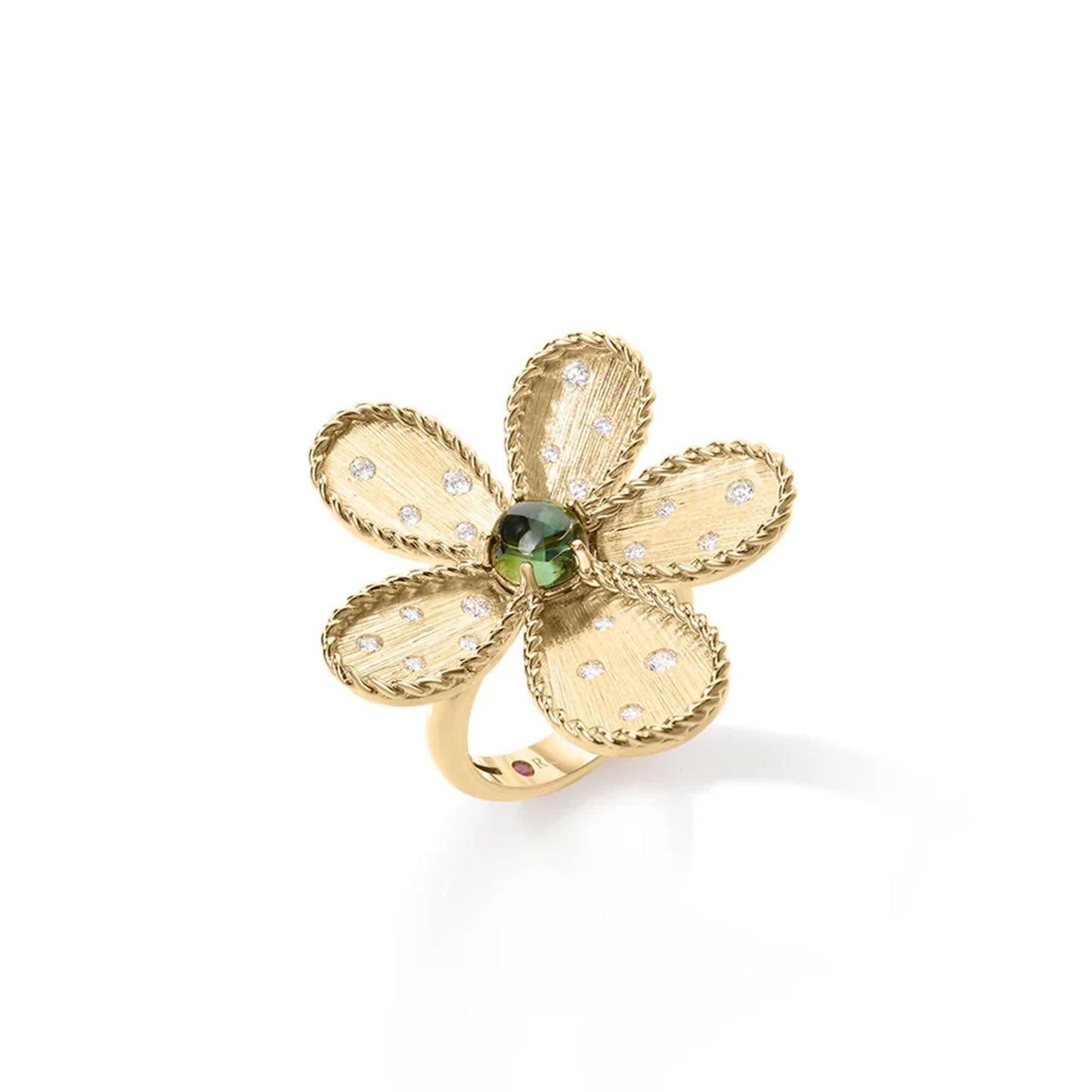 The Roberto Coin Jasmine 18K Yellow Gold Diamond and Green Tourmaline Flower Ring features a five-petal flower with textured petals, sparkling diamonds, and a green tourmaline center, shown on a white background.