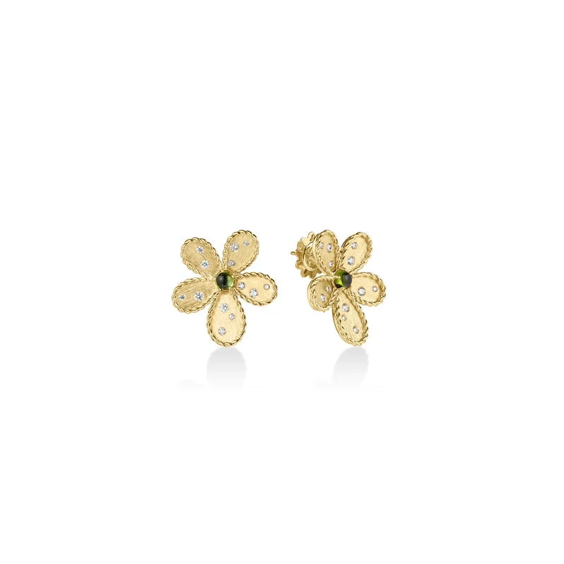 Roberto Coin Jasmine 18K Yellow Gold Tourmaline and Diamond Flower Earrings featuring a flower-shaped design with a green center stone surrounded by small diamonds.