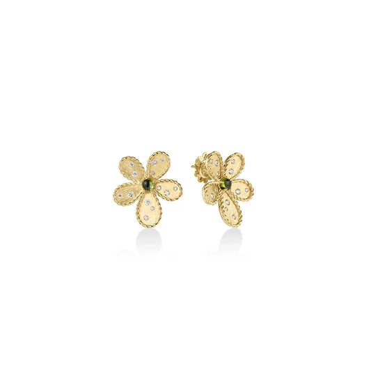 Roberto Coin Jasmine 18K Yellow Gold Tourmaline and Diamond Flower Earrings featuring a flower-shaped design with a green center stone surrounded by small diamonds.