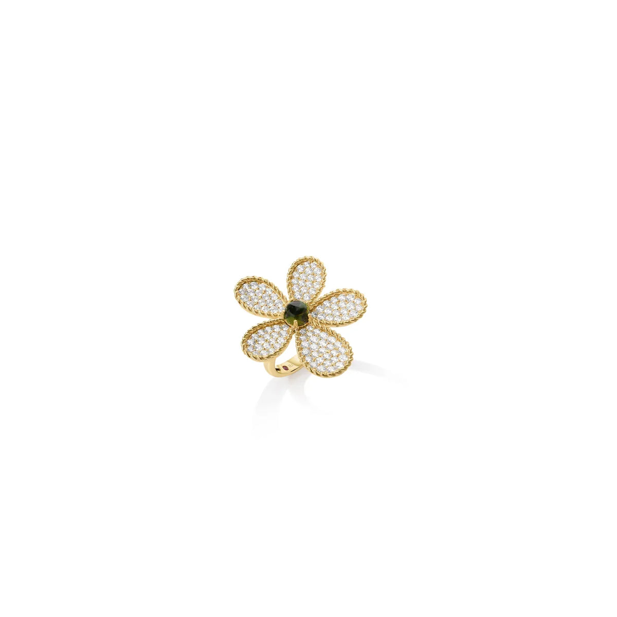 Roberto Coin Jasmine 18K Yellow Gold Tourmaline and Diamond ring in a flower shape, featuring pavé diamond petals and a dark center stone.