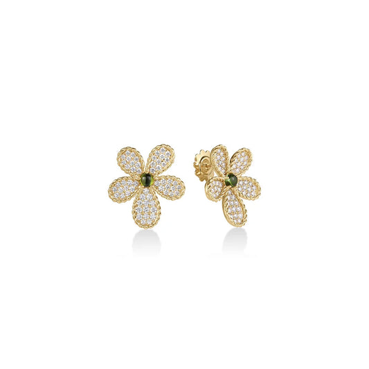 The Roberto Coin Jasmine 18K Yellow Gold Pave Diamond and Green Tourmaline Flower Stud Earrings feature five diamond-encrusted petals and a vibrant green tourmaline center, shown here on a white background.