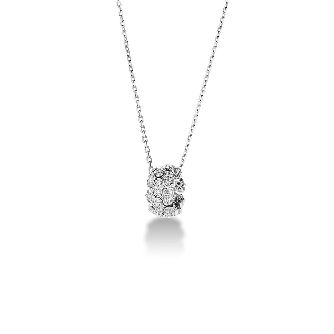 The Roberto Coin Cobra 18K White Gold Medium Pave Diamond Rondel Necklace Pendant features a sparkling cluster design on a delicate silver chain, elegantly displayed against a white background.