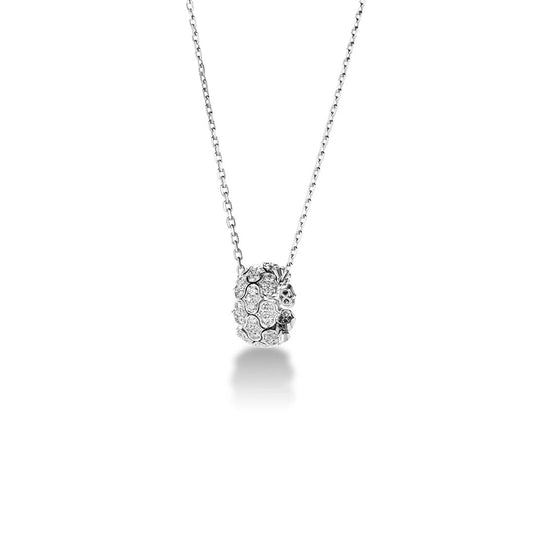 The Roberto Coin Cobra 18K White Gold Medium Pave Diamond Rondel Necklace Pendant features a sparkling cluster design on a delicate silver chain, elegantly displayed against a white background.