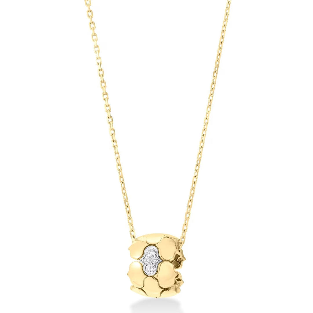 The Roberto Coin 18K Yellow Gold Diamond Necklace Pendant features a textured, cylindrical gold design accented by a central cluster of sparkling diamonds on a gold chain.