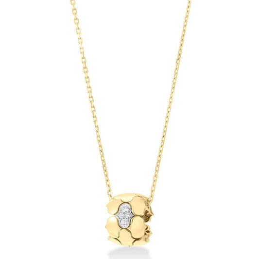 The Roberto Coin 18K Yellow Gold Diamond Necklace Pendant features a textured, cylindrical gold design accented by a central cluster of sparkling diamonds on a gold chain.