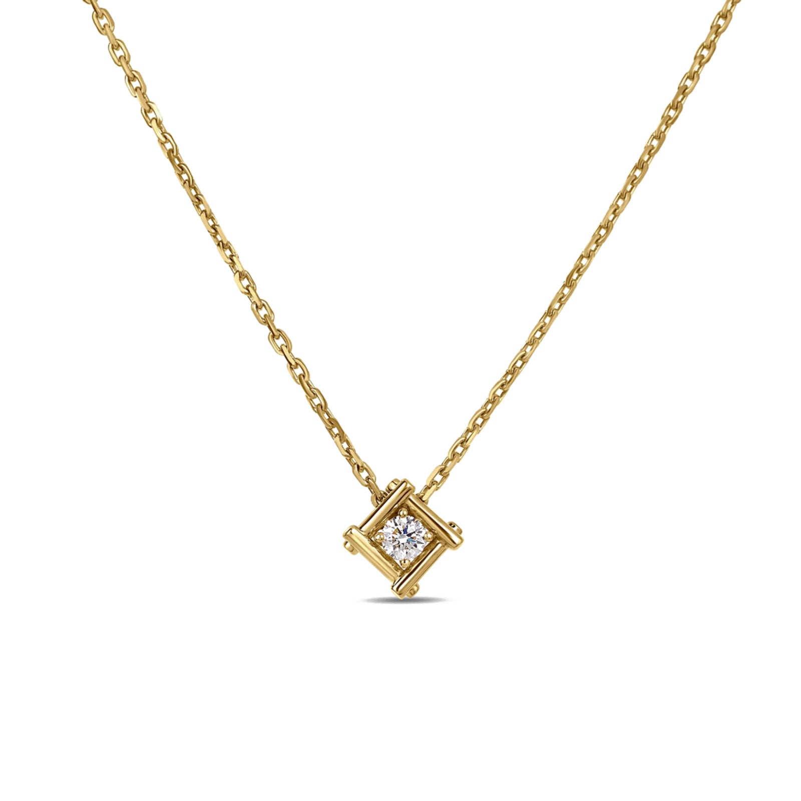 The Roberto Coin Domino 18K yellow gold necklace features a square bezel pendant with a solitaire diamond at the center—a timeless piece for everyday elegance.