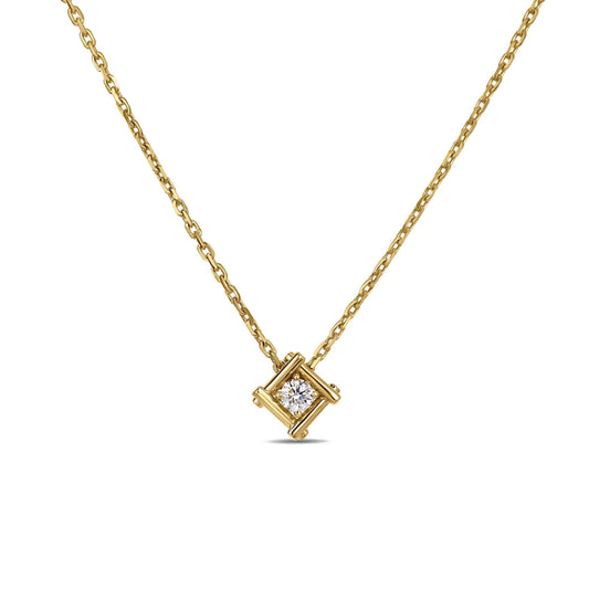 The Roberto Coin Domino 18K yellow gold necklace features a square bezel pendant with a solitaire diamond at the center—a timeless piece for everyday elegance.