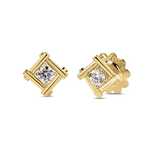 The Roberto Coin Domino 18K Yellow Gold Bezel Diamond Stud Earrings feature square frames with round solitaire diamonds and scalloped backs for a modern, elegant touch.