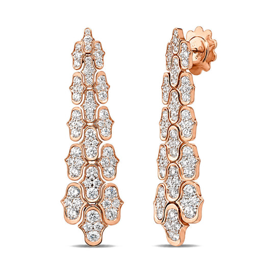 Experience effortless glamour with the Roberto Coin Cobra 18K Rose Gold Diamond Dangle Earrings. Expertly crafted in a tiered, geometric design, these stunning earrings by Roberto Coin showcase clusters of sparkling white diamonds arranged in mesmerizing, repeating patterns for an elegant and eye-catching effect.
