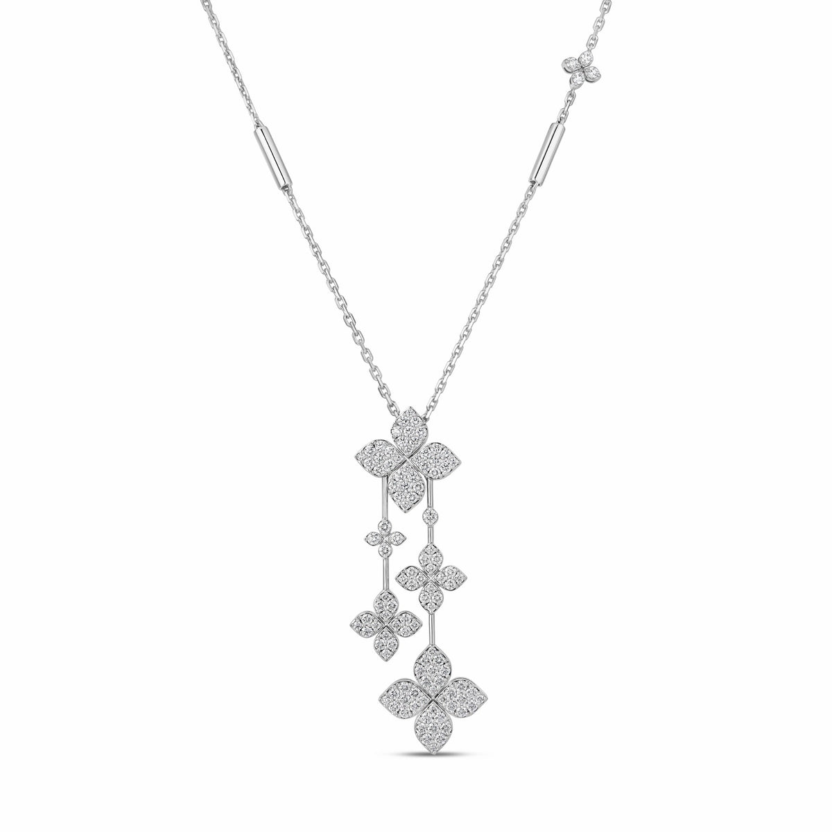 Roberto Coin 18K White Gold Diamond Necklace featuring four diamond-encrusted flower charms dangling from a central floral station.