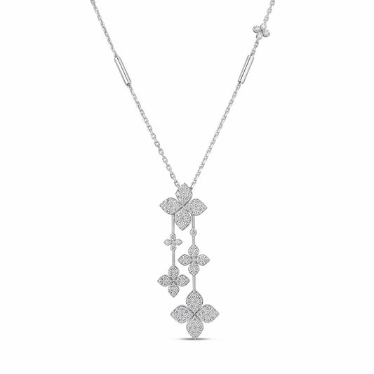 Roberto Coin 18K White Gold Diamond Necklace featuring four diamond-encrusted flower charms dangling from a central floral station.