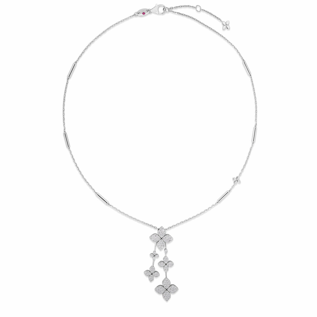 Roberto Coin 18K White Gold Diamond Necklace featuring a cascading pendant of four flower-shaped charms encrusted with pavé diamonds.