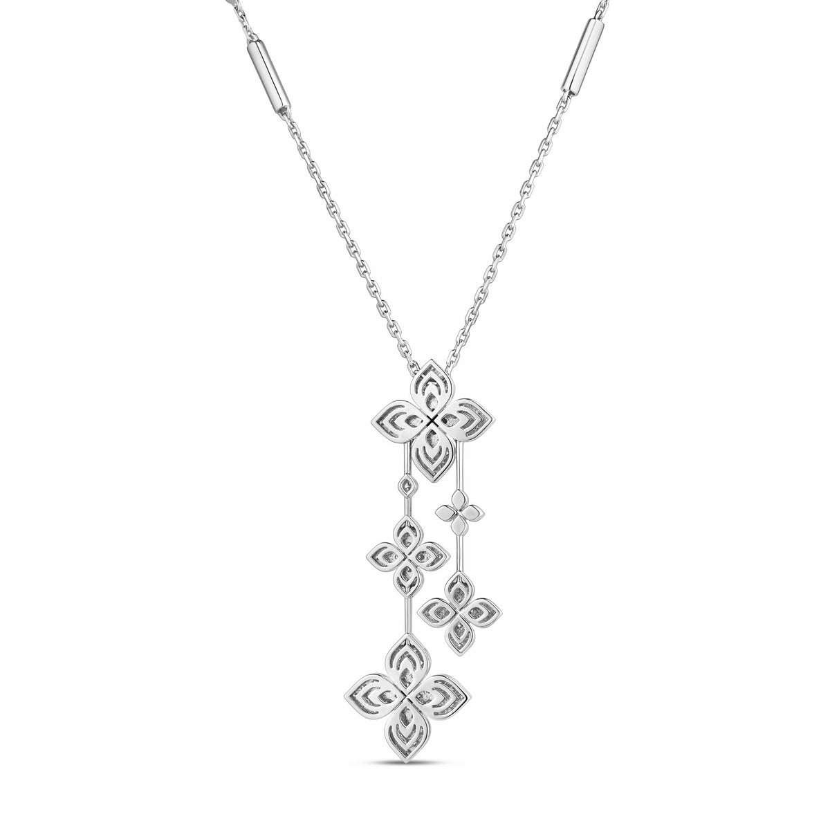 Roberto Coin 18K White Gold Diamond Necklace featuring a pendant made of four dangling, petal-shaped charms pavé-set with round diamonds.