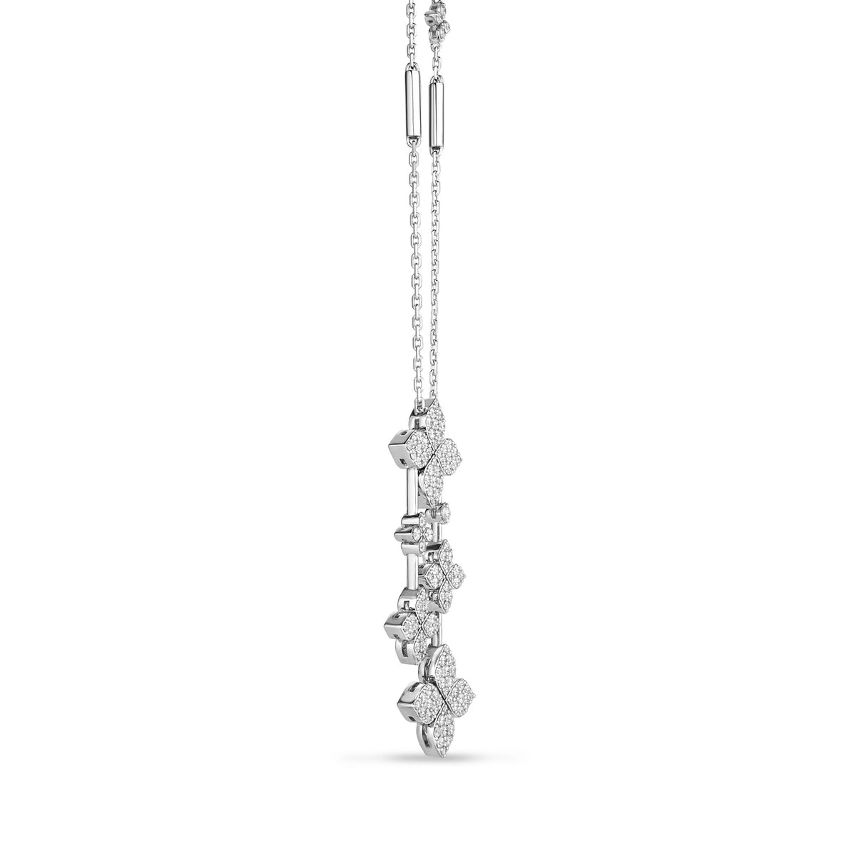 Roberto Coin 18K White Gold Diamond Necklace featuring an 18K white gold pendant with a vertical row of four pavé diamond flower charms.