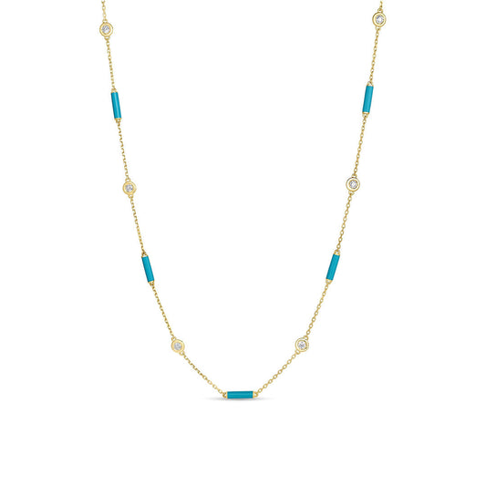 The Roberto Coin Diamond by the Inch 18K Yellow Gold Turquoise Enamel Bar and Diamond Bezel Station Necklace features small round diamonds totaling 0.34 carat alongside evenly spaced cylindrical turquoise enamel bars, all set on a delicate chain and showcased against a plain white background.
