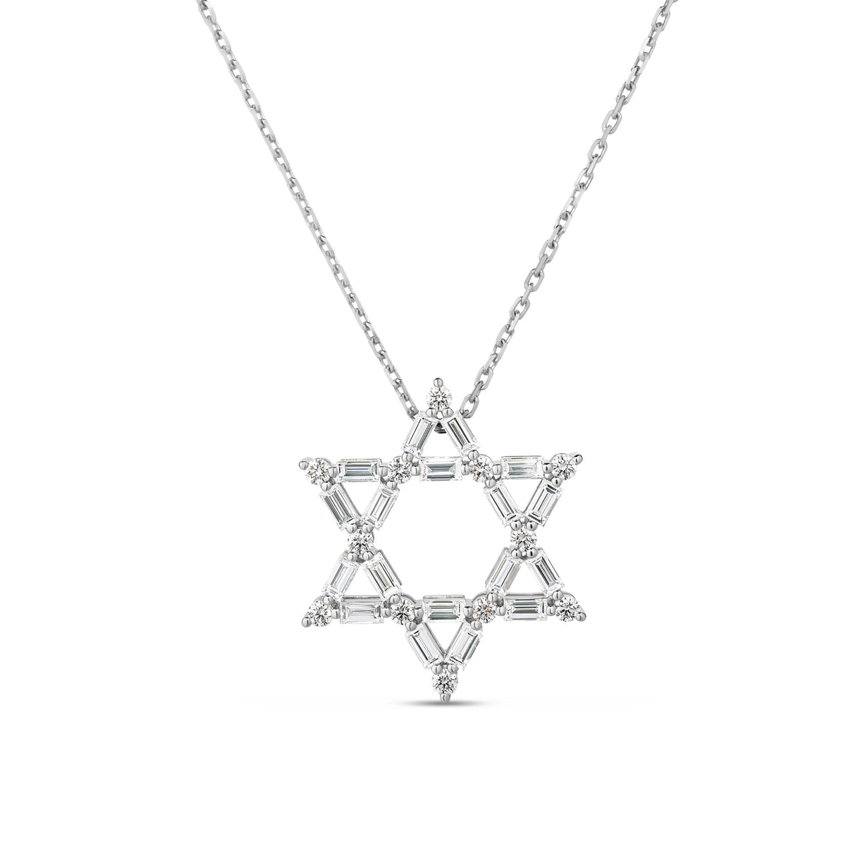 Roberto Coin Princess 18K White Gold Diamond Necklace Pendant featuring a Star of David design with baguette and round brilliant cut diamonds.