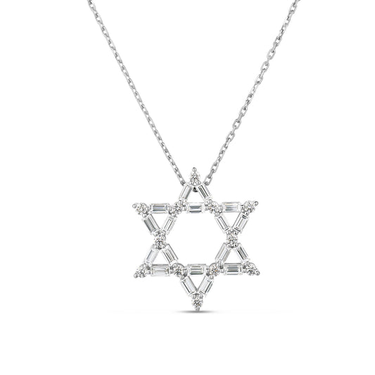 Roberto Coin Princess 18K White Gold Diamond Necklace Pendant featuring a Star of David design with baguette and round brilliant cut diamonds.