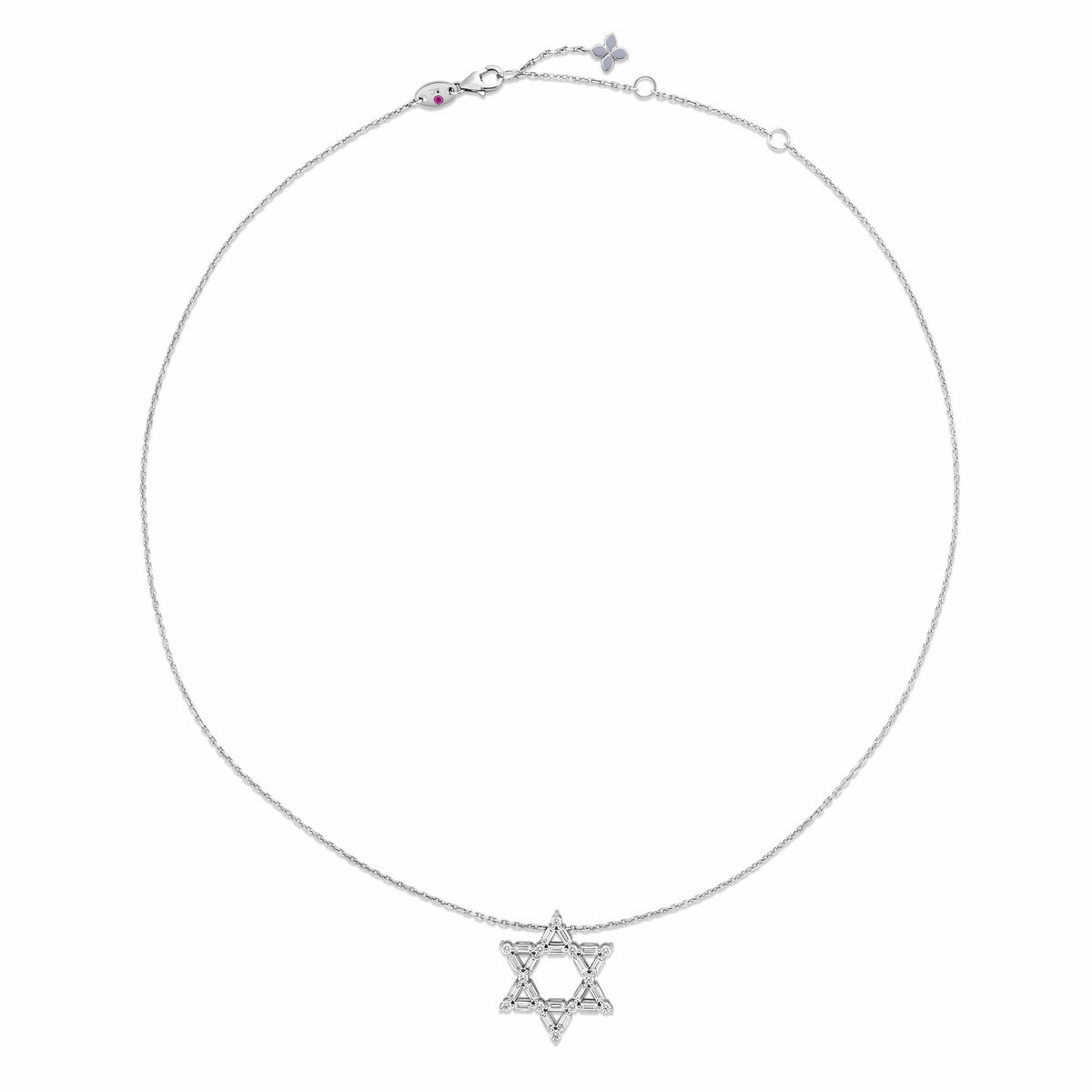 Roberto Coin Princess 18K White Gold Diamond Necklace Pendant in the shape of a Star of David accented with small diamonds.