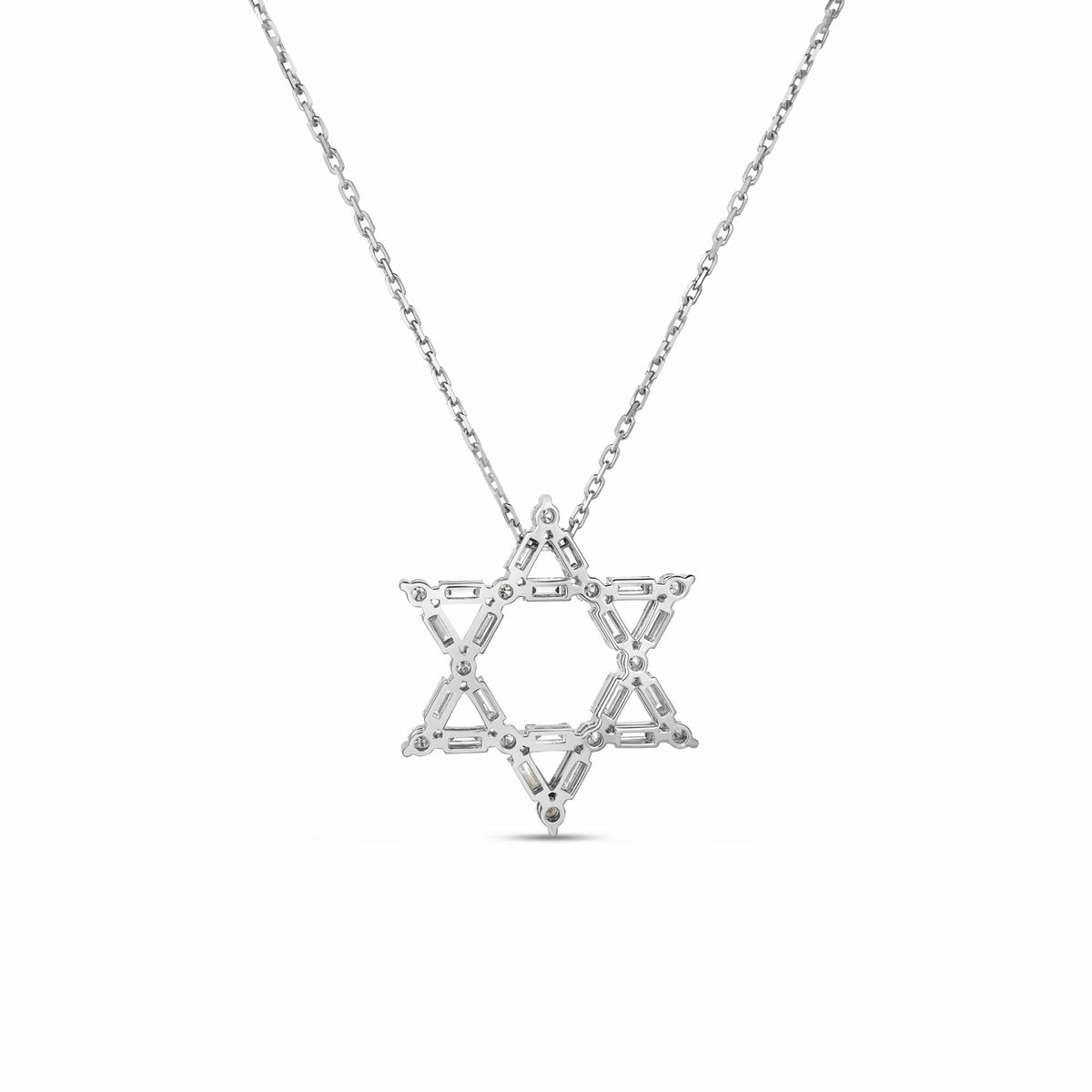 Roberto Coin Princess 18K White Gold Diamond Necklace Pendant in the shape of a Star of David with baguette-cut diamonds on a delicate chain.