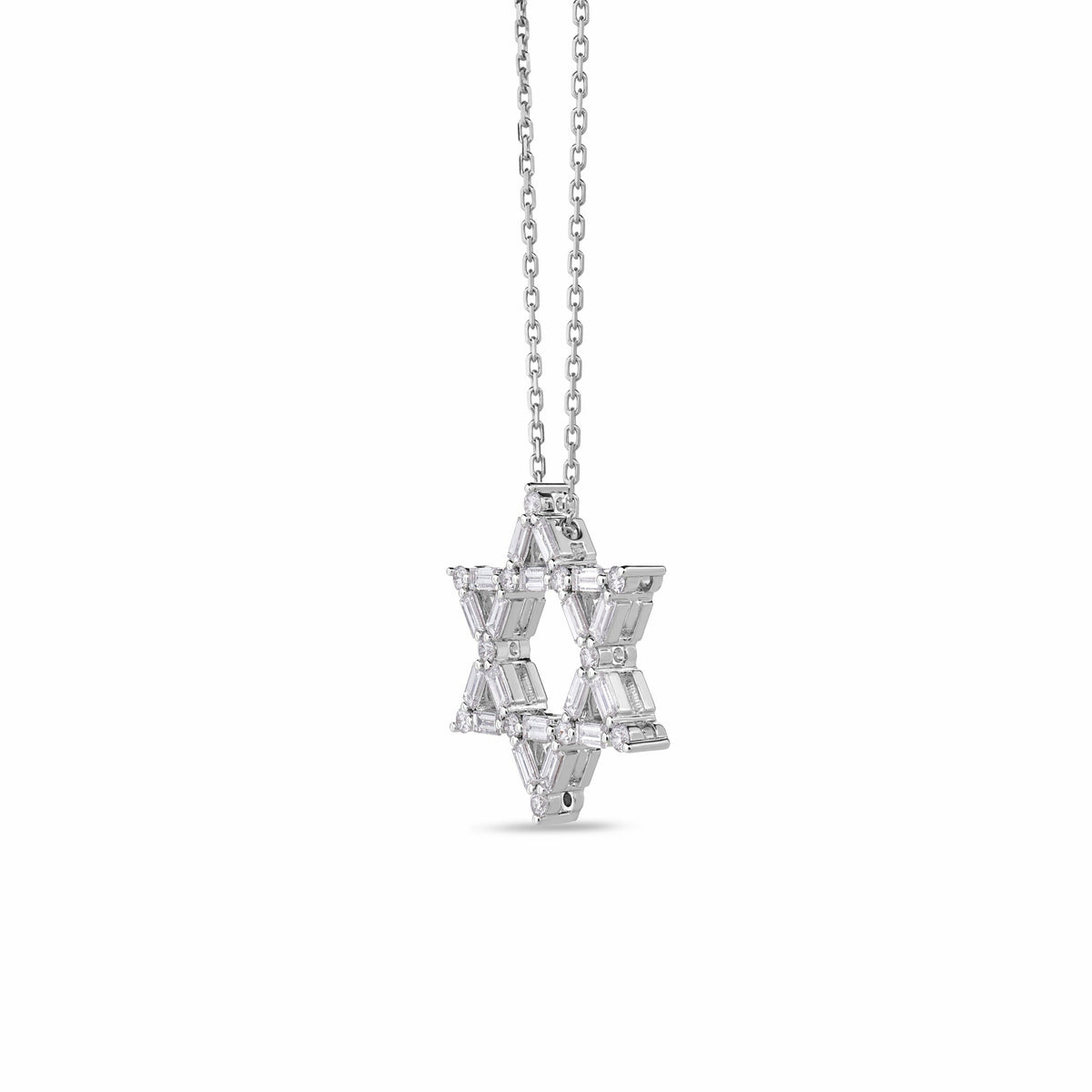 Roberto Coin Princess 18K White Gold Diamond Necklace Pendant featuring a Star of David charm encrusted with baguette and round diamonds, hanging from a delicate matching chain.