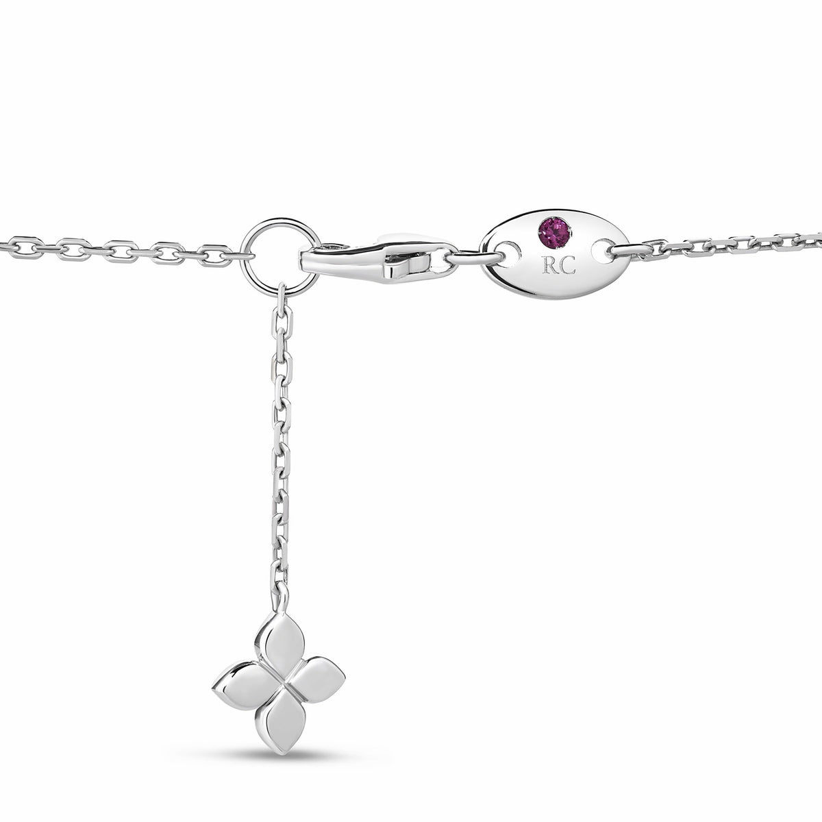 Roberto Coin Princess 18K White Gold Diamond Necklace pendant clasp featuring an oval tag with a small pink stone, the letters “RC,” and a dangling flower-shaped charm.