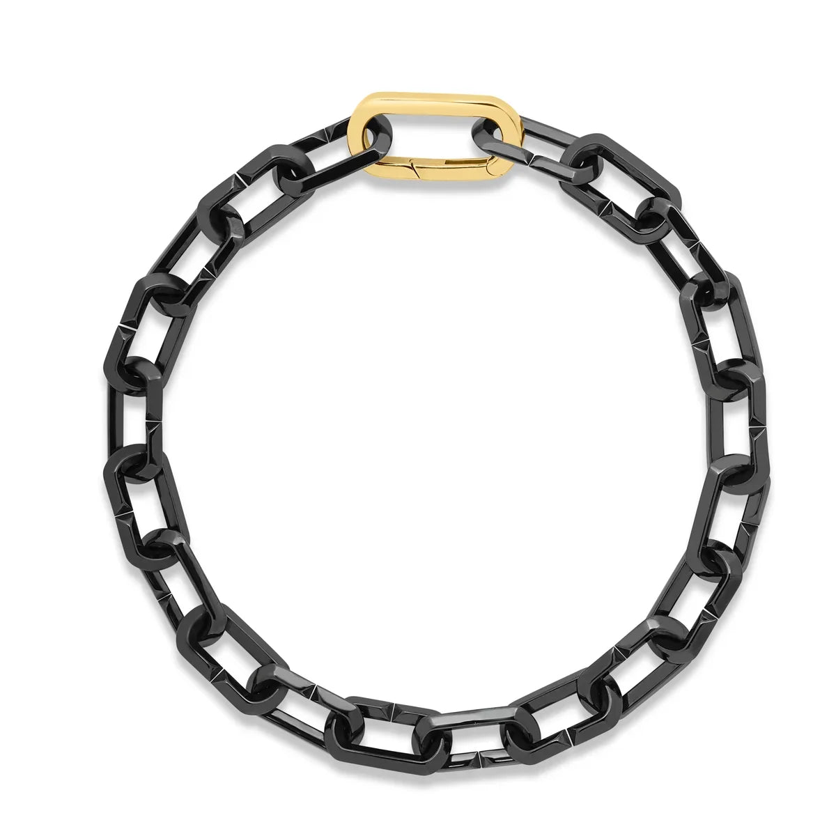 The Roberto Coin Designer Polished Black Ceramic and 18K Yellow Gold Link Chain Bracelet, featuring sleek black rectangular links and a single gold rectangular link as the clasp, is displayed on a white background.
