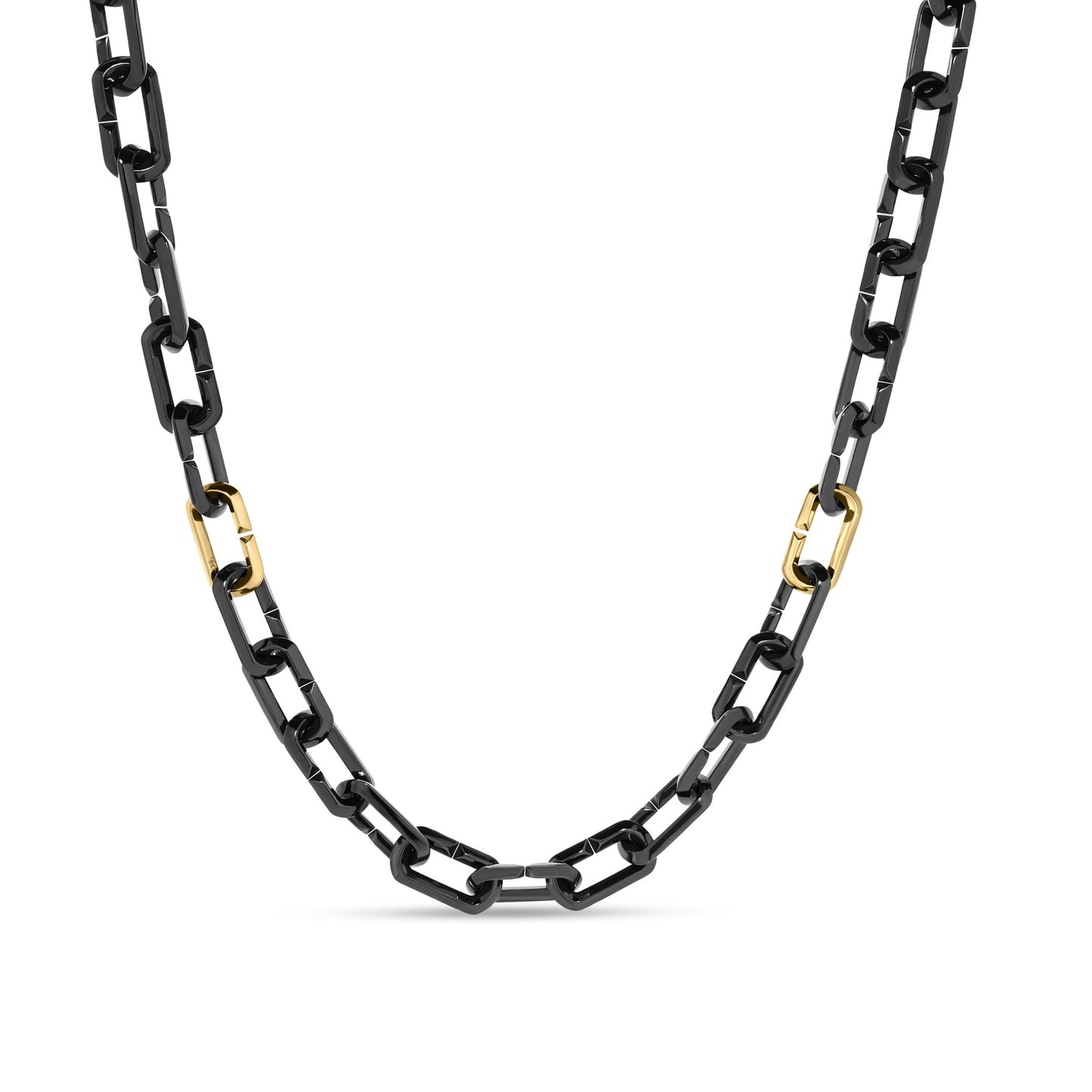 The Roberto Coin Designer Black Titanium and 18K Yellow Gold Chain Necklace by Roberto Coin features a black titanium chain accented with two symmetrically placed 18K yellow gold links on each side, displayed against a white background.