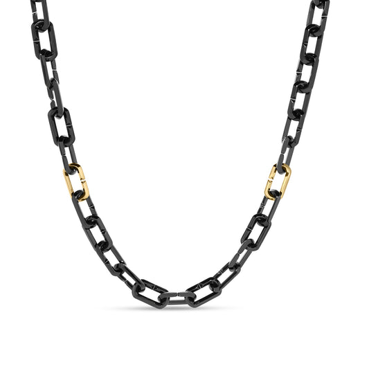 The Roberto Coin Designer Black Titanium and 18K Yellow Gold Chain Necklace by Roberto Coin features a black titanium chain accented with two symmetrically placed 18K yellow gold links on each side, displayed against a white background.