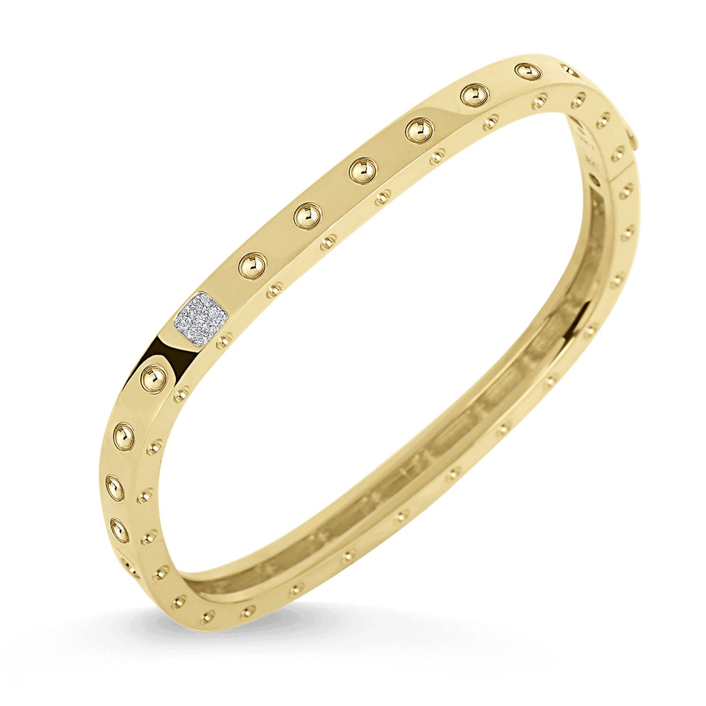 This Roberto Coin Pois Moi bangle, crafted from 18K yellow gold, features square stud decorations and a dazzling diamond-accented section, showcasing its timeless beauty.