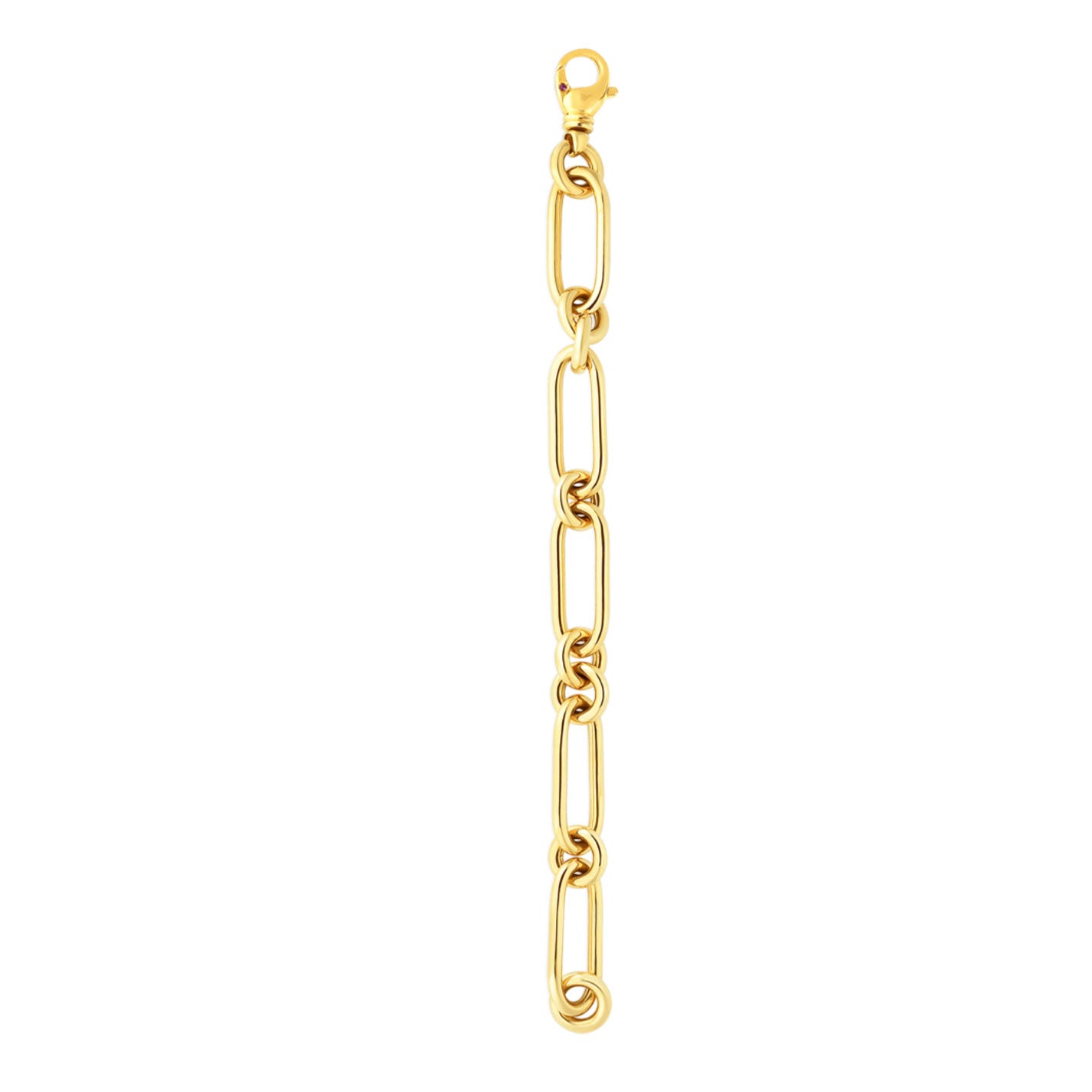 Introducing the Roberto Coin 18K Yellow Gold Oval and Round Link Bracelet, a designer piece crafted in exquisite 18 Karat yellow gold. This stunning bracelet features large oval links complemented by a lobster clasp, arranged in an elegant long, vertical design against a plain white background.