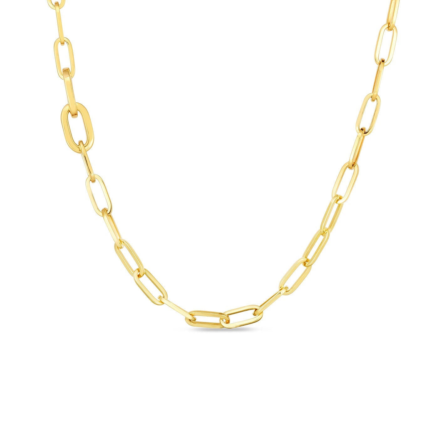 The Roberto Coin 18K Yellow Gold Alternating Size Link Chain Necklace features elongated oval links crafted in luxurious 18 Karat Yellow Gold, elegantly displayed on a white background.