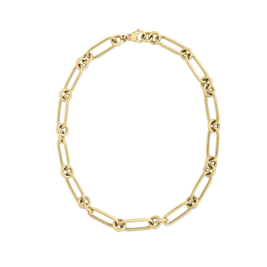 The Roberto Coin Designer 18K Yellow Gold and Diamond Rectangular Link Necklace features exquisite elongated interlocking links crafted from 18 Karat Yellow Gold, accented with a small clasp. Its elegance is beautifully highlighted against a plain white background.