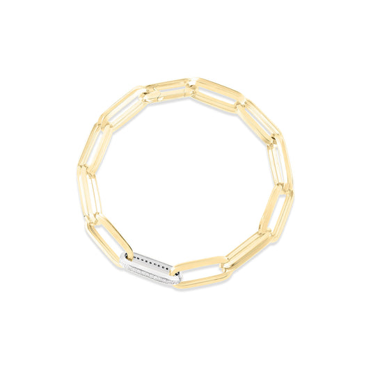 The Roberto Coin Designer 18K Yellow/White Gold and Diamond Rectangular Paperclip Link Bracelet exudes elegance with its gold paperclip chain and rectangular clasp. The minimalist design is beautifully enhanced by the subtle sparkle of embedded diamonds, making this a timeless piece.