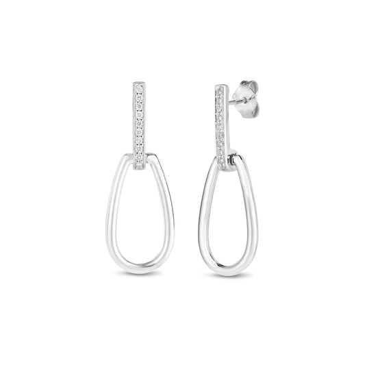 These sophisticated silver earrings showcase a vertical arrangement of small, sparkling stones attached to an open teardrop-shaped hoop. With a design echoing the sleek modernity of Roberto Coin's style, they provide an elegant touch with their 18 karat white gold composition.