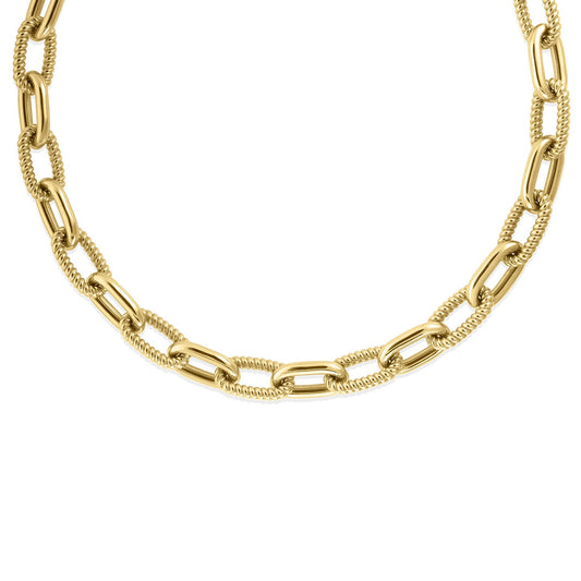 A close-up image of a Roberto Coin Designer 18K Yellow Gold Alternating Polished and Fluted Thick Paperclip Link Chain Necklace. This exquisite piece by Roberto Coin showcases a striking combination of polished and textured links, creating an elegant and sophisticated pattern against a white background.