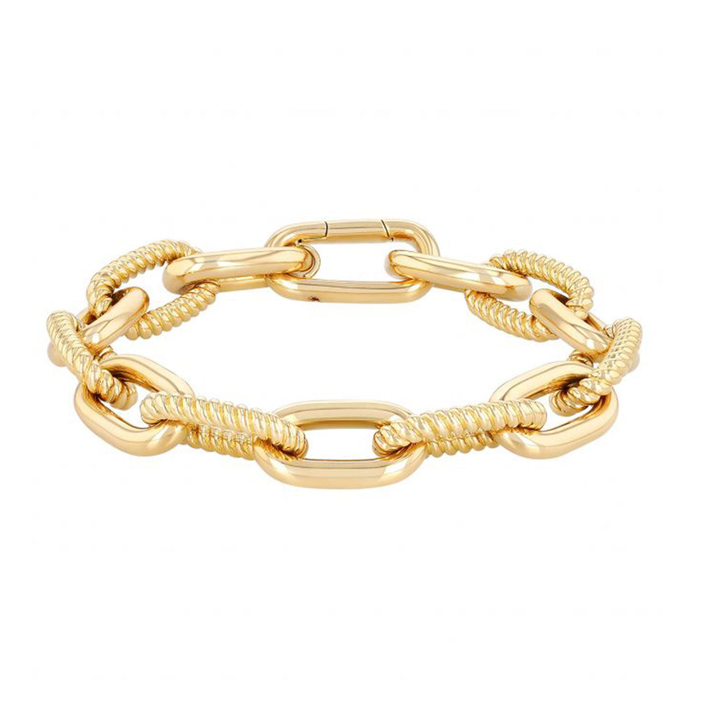 Presenting the elegant Roberto Coin Oro Classic 18K Yellow Gold Bracelet, crafted by Roberto Coin, which showcases an artful blend of smooth and twisted links against a pristine white backdrop.