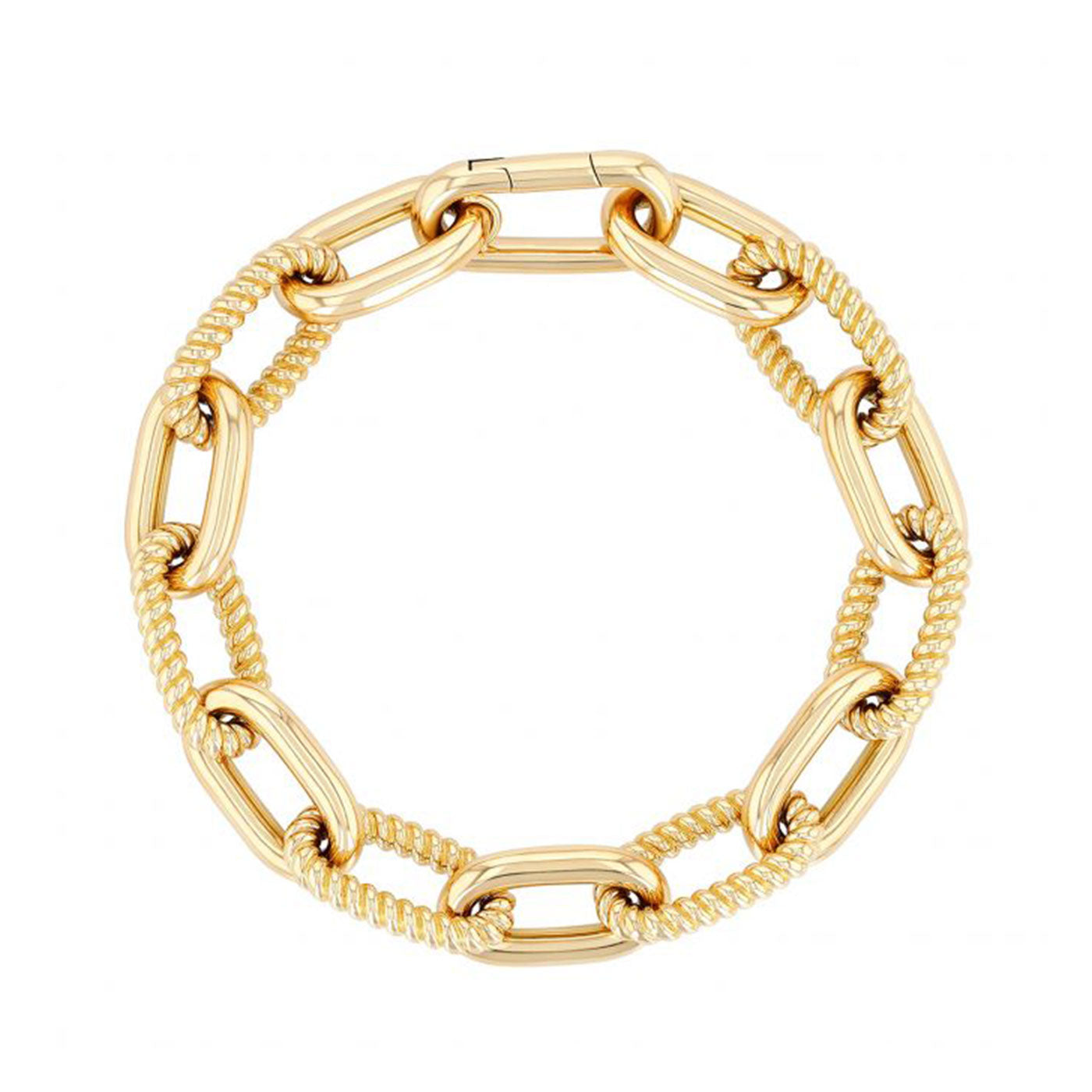 This Roberto Coin Oro Classic 18K Yellow Gold Bracelet beautifully combines smooth and twisted oval links, highlighting traditional craftsmanship. Designed with a circular shape and a secure clasp, it represents elegance and sophistication.