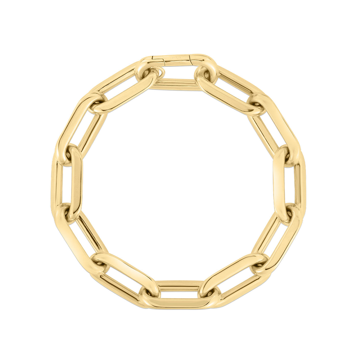 The Roberto Coin Designer 18K Yellow Gold Thick Paperclip Bracelet exudes sophistication with its large, rectangular links crafted in a circular shape. These polished and uniformly sized links offer the bracelet a sleek and modern appearance, while the seamlessly integrated clasp adds to its luxurious design.