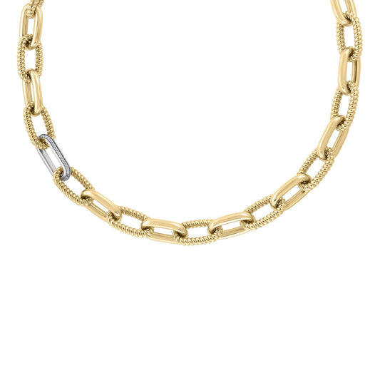 The Roberto Coin Designer 18K Yellow Gold Diamond Alternating Paperclip Link Chain Necklace features a stylish mix of large oval links, including one silver link. This exquisite piece artfully combines polished and textured designs for an eye-catching mixed-metal look.