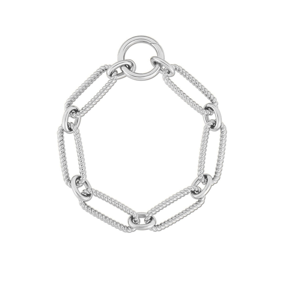 The 18K white gold link bracelet from Roberto Coin features stunning alternating smooth and textured circular links, reminiscent of the brand's designer jewelry. The design is elegantly completed with a larger round clasp at the top of the image.