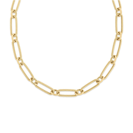 The Roberto Coin Designer 18K Yellow Gold Alternating Fluted Paperclip and Oval Link Necklace features interlocking links with a textured, rope-like design, forming an elegant and symmetrical pattern. Part of the Roberto Coin brand's collection, it is beautifully displayed against a white background.