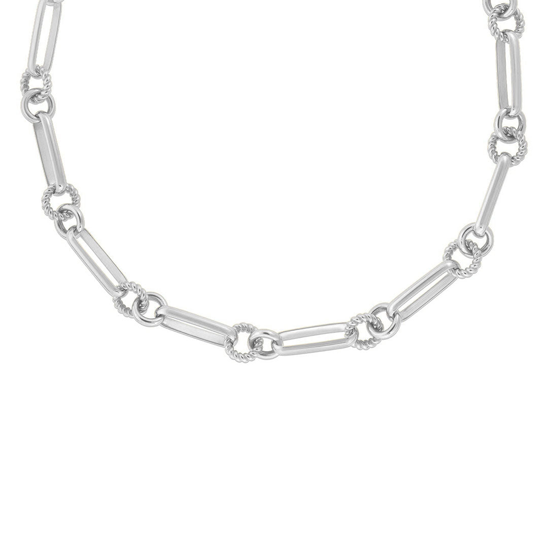 The Roberto Coin Designer 18K White Gold Designer Link Chain Necklace showcases a design reminiscent of the brand's signature style, featuring alternating elongated oval links and circular twisted rope-like links. The necklace stands out with its shiny surface and elegantly simple design set against a plain white background.