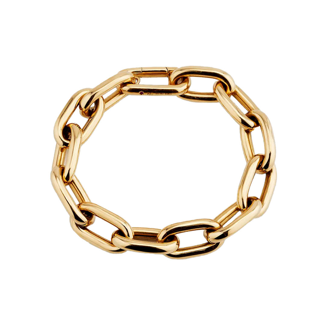 This elegant Roberto Coin Designer 18K Yellow Gold Designer Link Chain Bracelet features interlocking, elongated links arranged in a circular form, showcasing the timeless design of Roberto Coin.