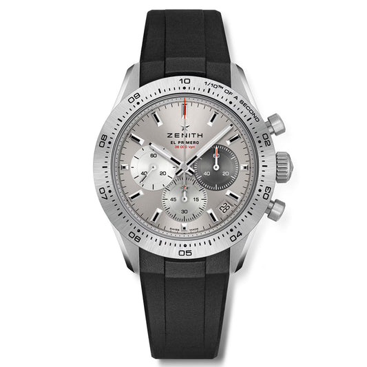 The Zenith Chronomaster Sport El Primero 3600, a stunning watch, features a grey dial, black rubber strap, and robust titanium case. It includes three sub-dials, a date window, silver hands with a red second hand, and a meticulously marked bezel with minute indicators.