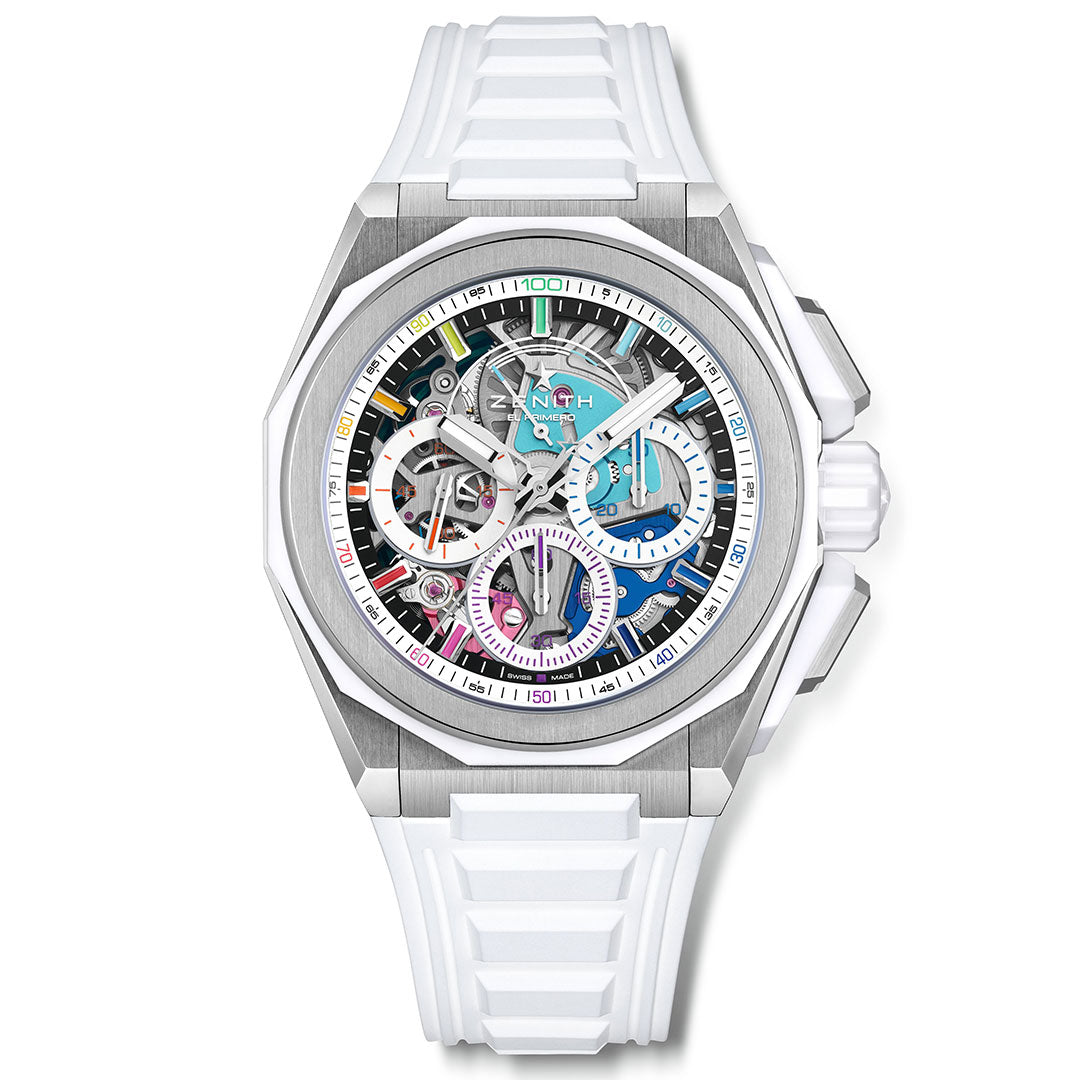 The Zenith Defy Extreme Chroma White El Primero 9004 Automatic 45mm Watch, a limited edition of 100 pieces, features a white strap and bezel, skeleton dial displaying colorful inner mechanisms, chronograph subdials, and modern luxury detailing.